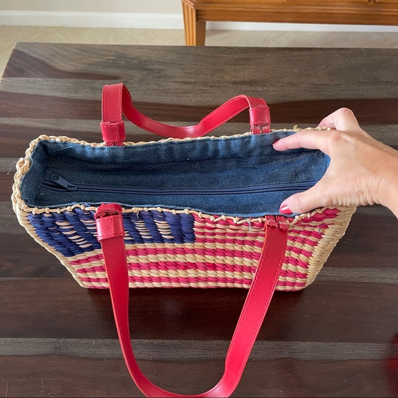 American Flag straw tote bag denim interior - Picture 7 of 8